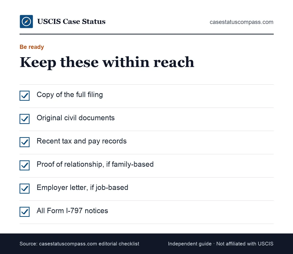 Checklist of documents to keep ready while a USCIS case is under active review, in case an RFE or second interview follows