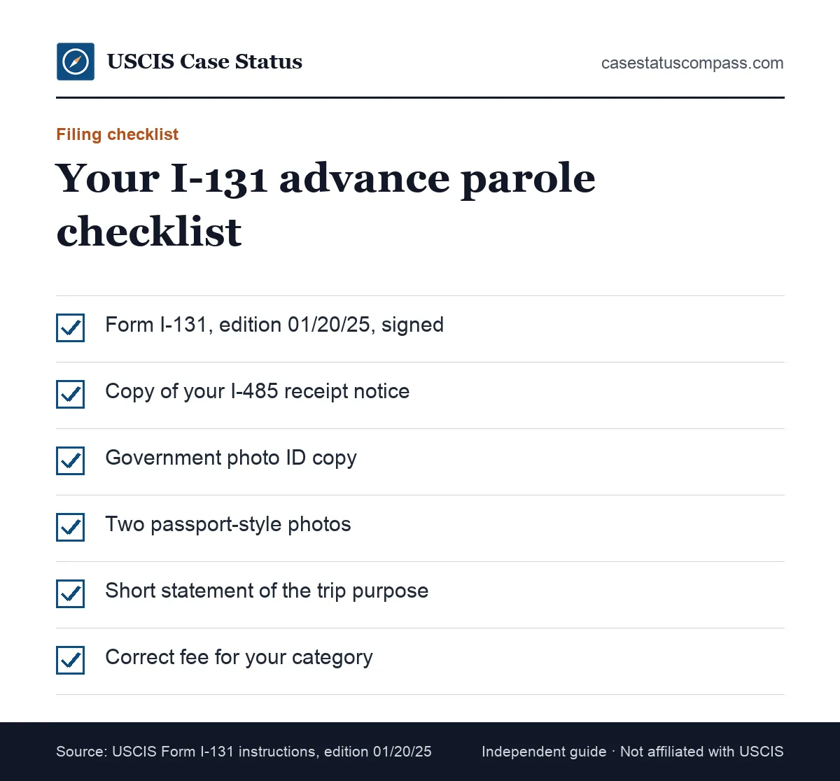 Copyable advance parole filing checklist for a pending I-485 applicant filing Form I-131, with ID, photos, receipt notice and trip details