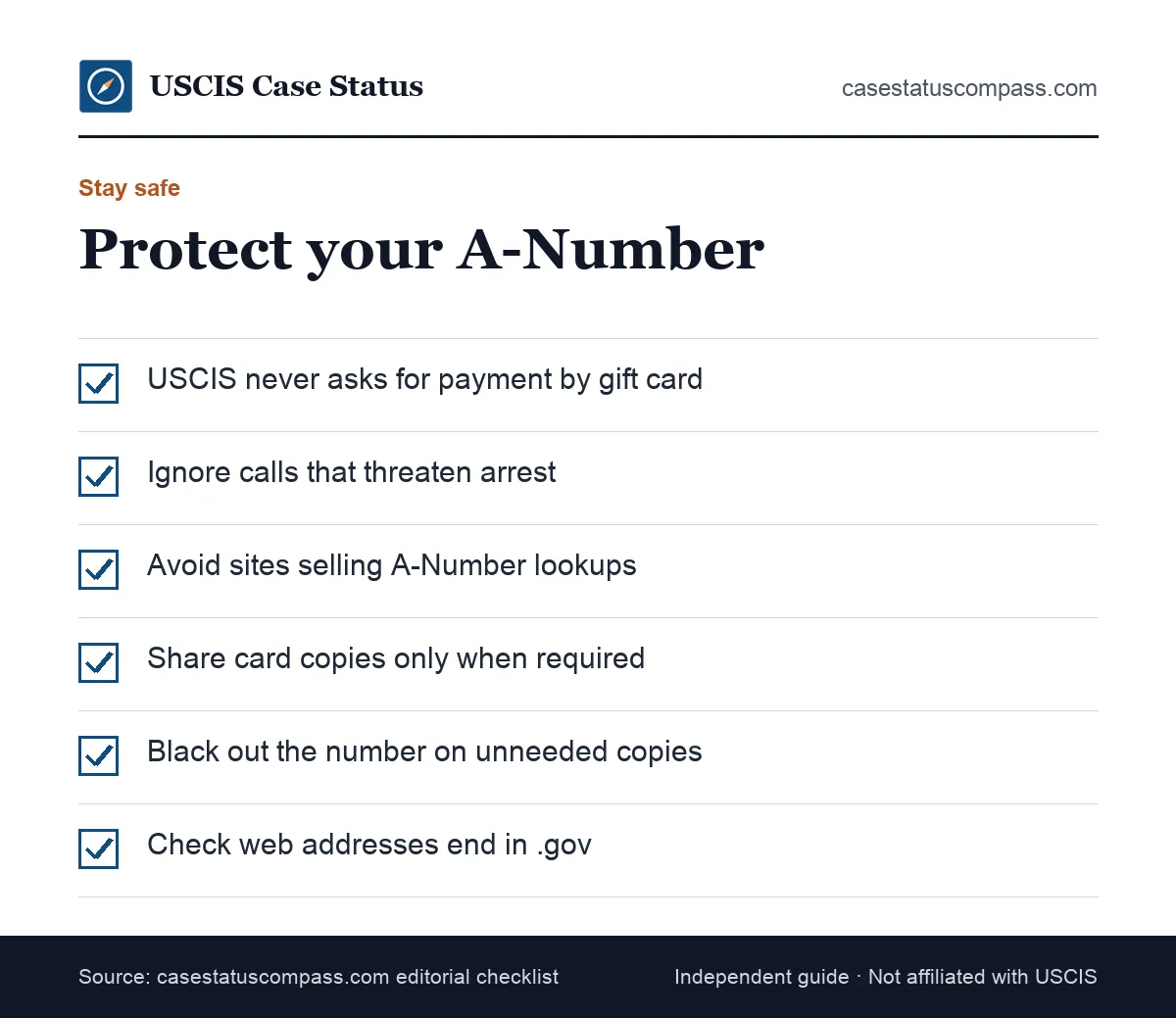 Safety checklist to protect your alien number from scams, covering phone calls, payment demands, fake lookup sites and sharing copies of cards