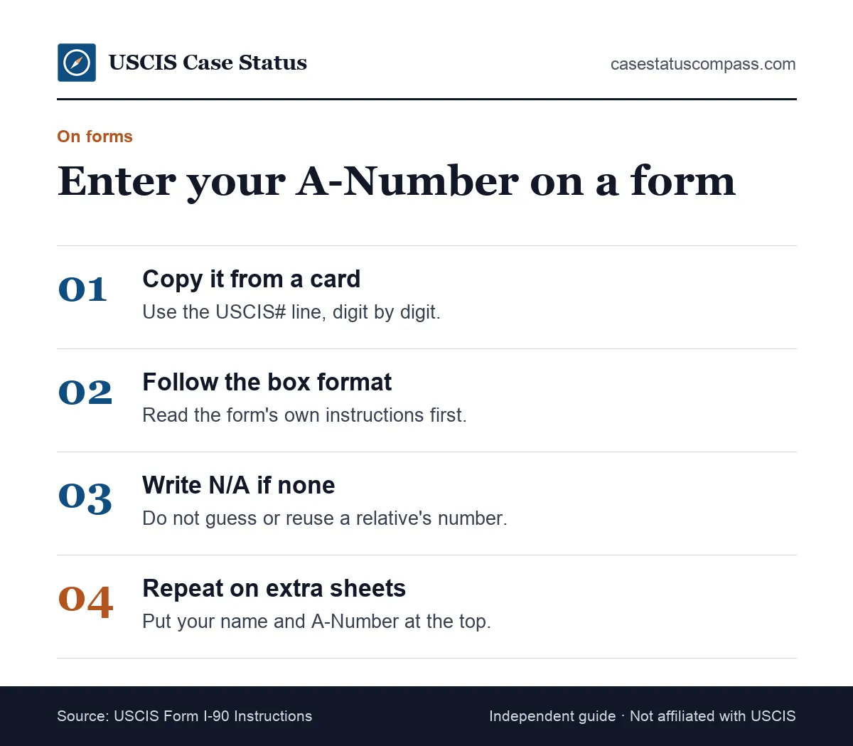 Four steps for writing your alien registration number on immigration forms, from copying it from your card to repeating it on extra sheets