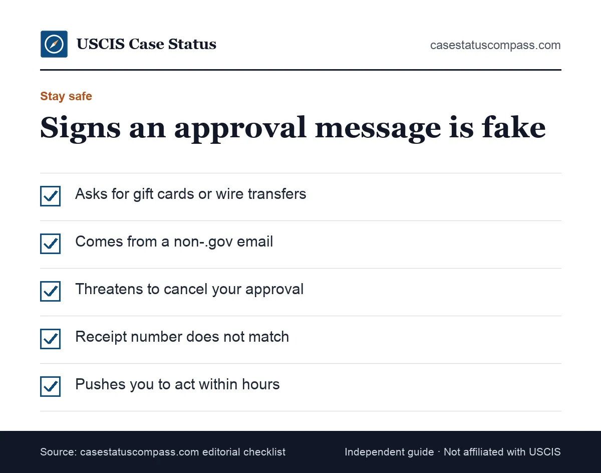 Checklist to spot fake approval case decision rendered messages and scam calls that ask for fees after a USCIS approval
