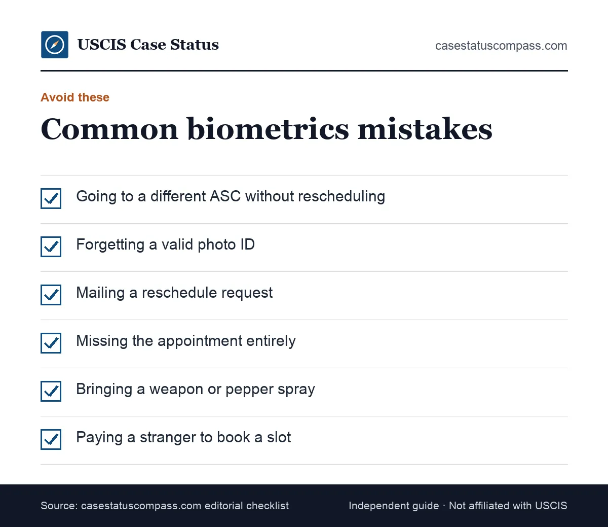 Checklist of biometrics appointment mistakes to avoid, such as going to the wrong ASC, forgetting photo ID, missing the date or trusting a fake notice