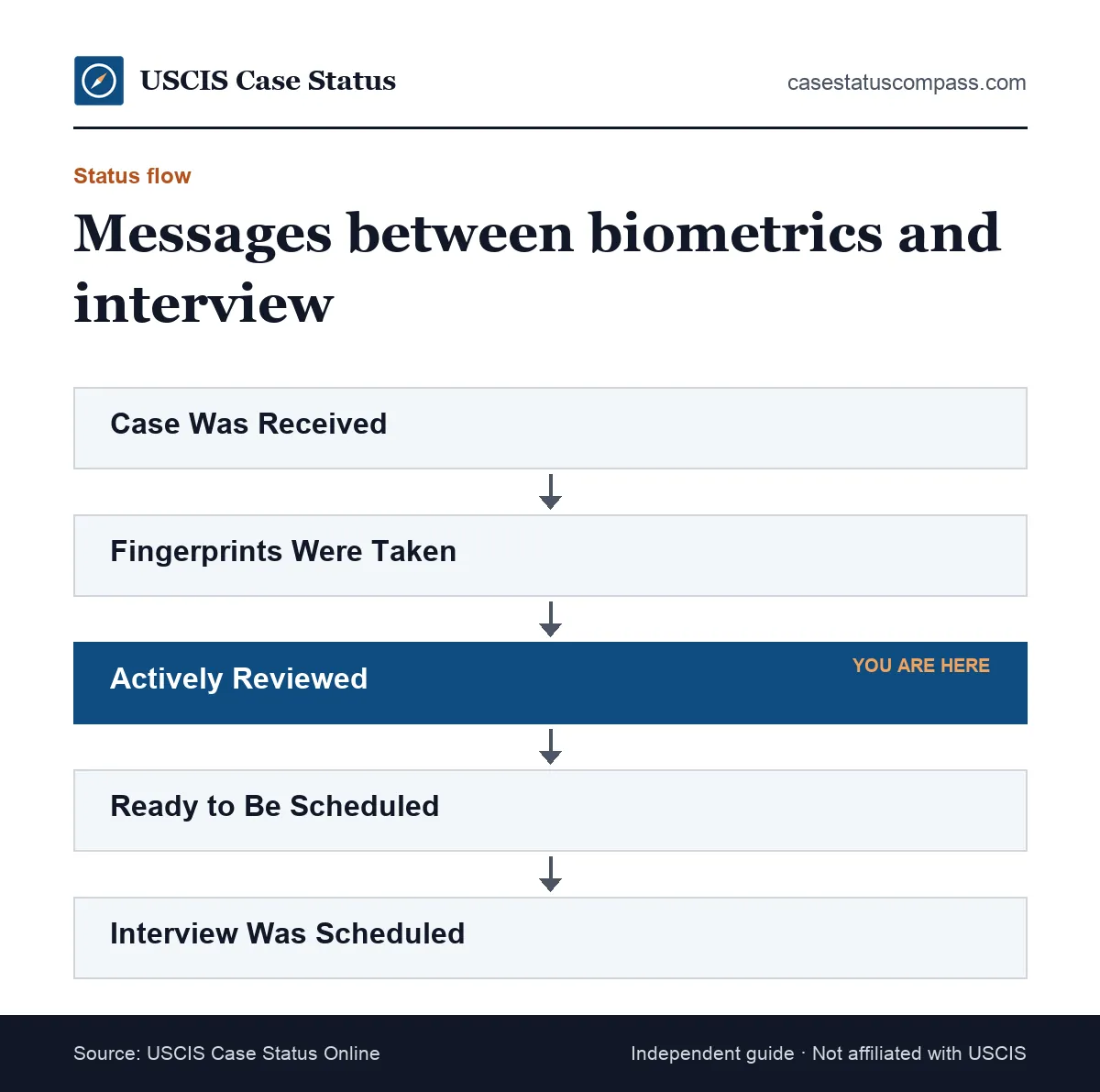 Flow of case status messages from case received through fingerprints taken and active review to ready to be scheduled and interview scheduled