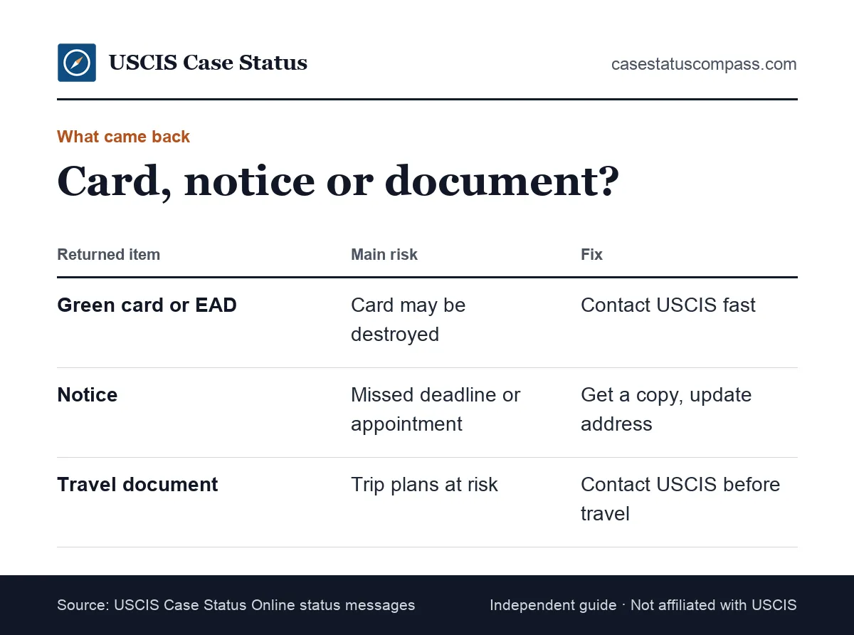 Comparison of a returned card, a returned notice and a returned travel document at USCIS, with what each means and what to do