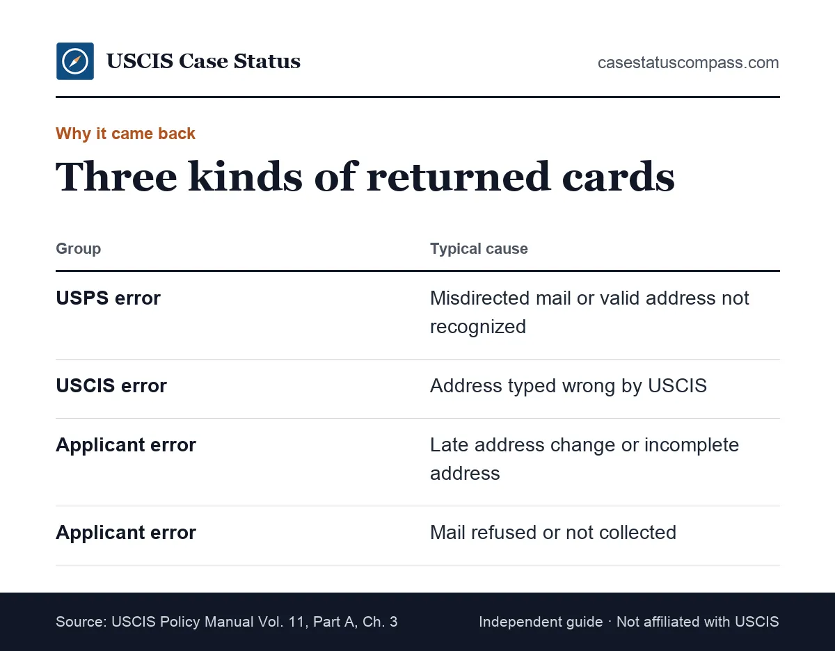 Comparison of the main reasons a green card or EAD card is returned to USCIS as undeliverable, grouped by USPS, USCIS and applicant error
