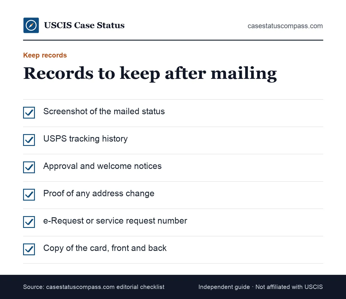 Checklist of records to keep after a USCIS card was mailed to me, including screenshots, tracking history, notices and inquiry numbers