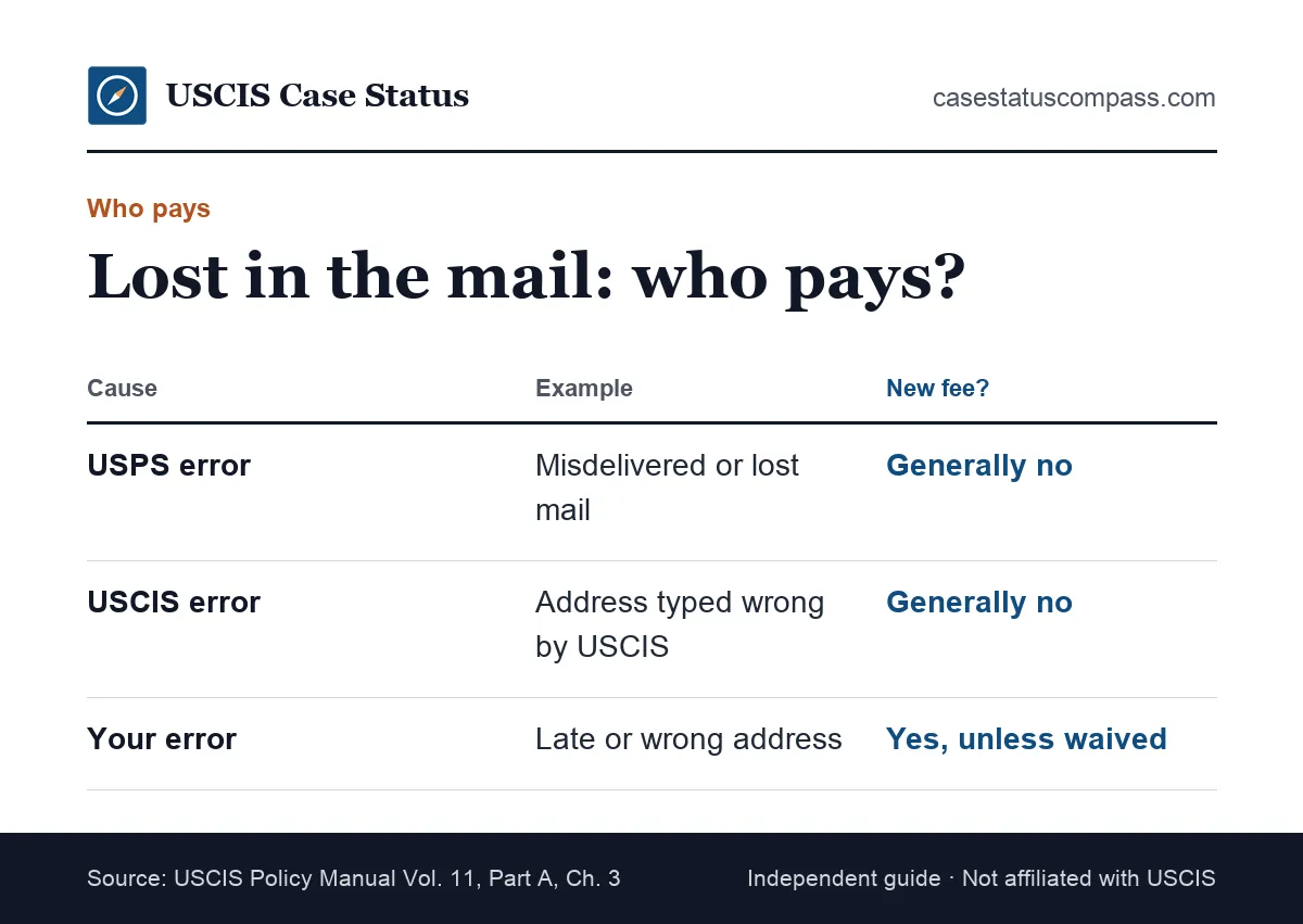 Comparison of who pays when a mailed USCIS card is lost: USPS error, USCIS error or applicant error, and when a new fee applies