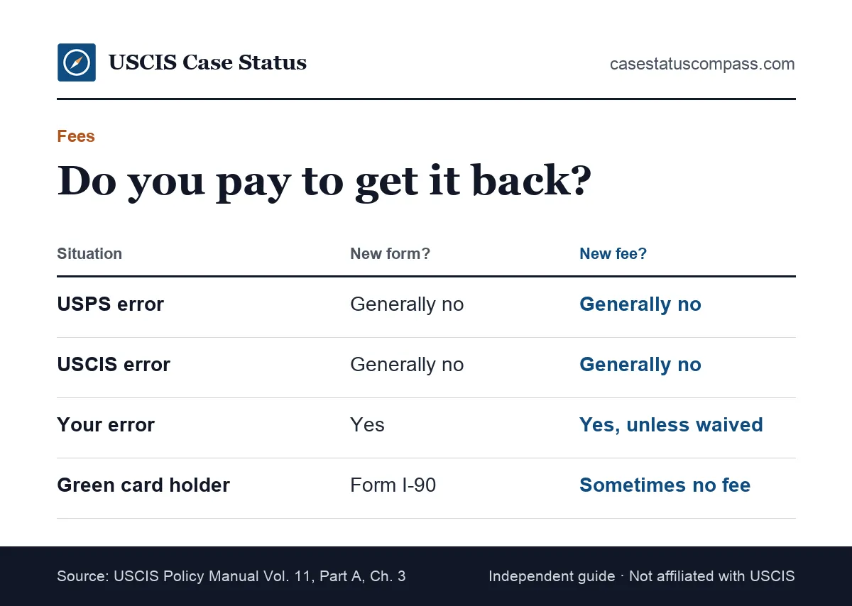 Who pays when a card was returned to USCIS: no new fee for a USPS or USCIS error, but a new application and fee for an applicant error