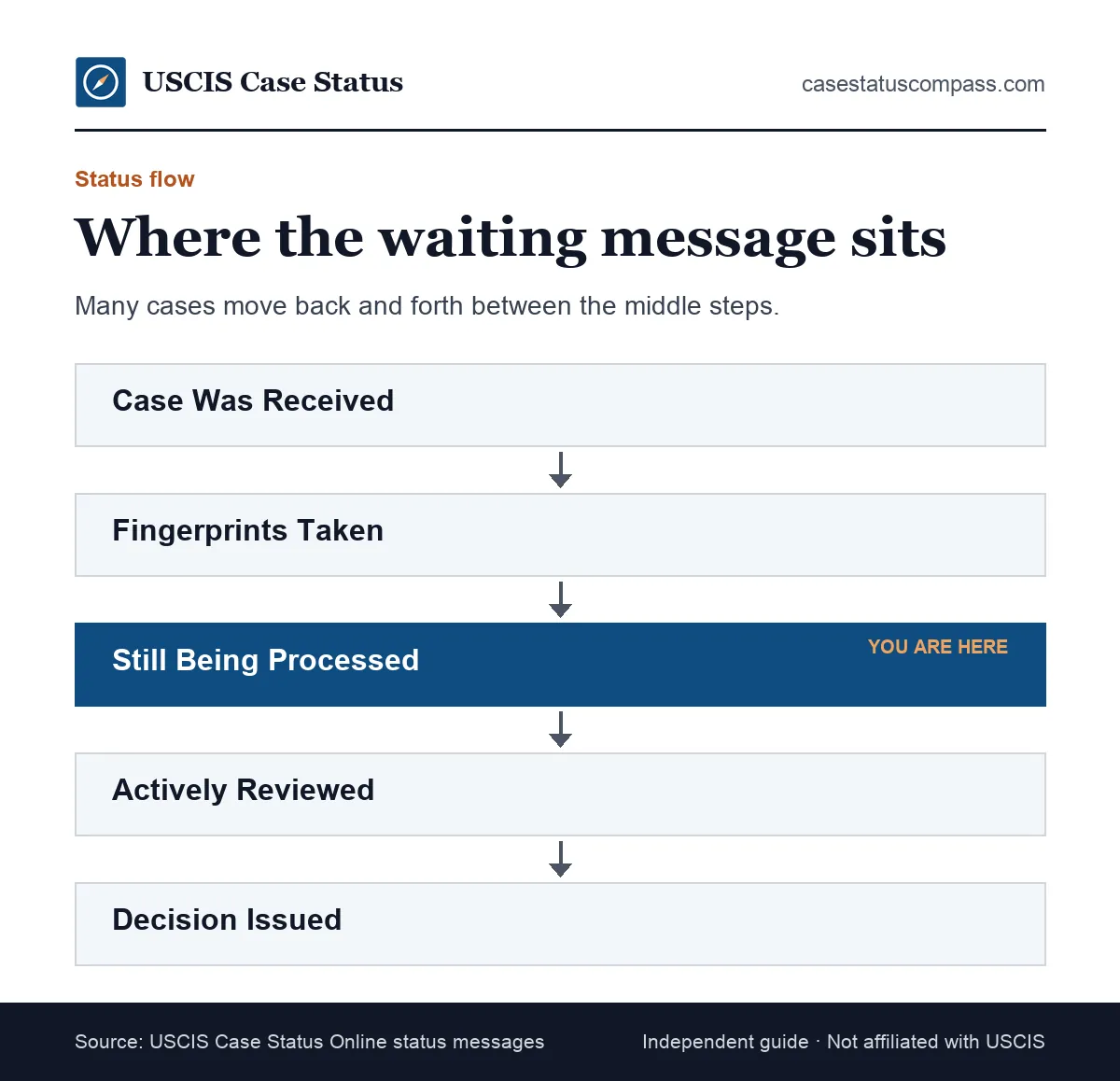 Flow of status messages showing where the case is still being processed by USCIS message sits between the filing receipt and a decision