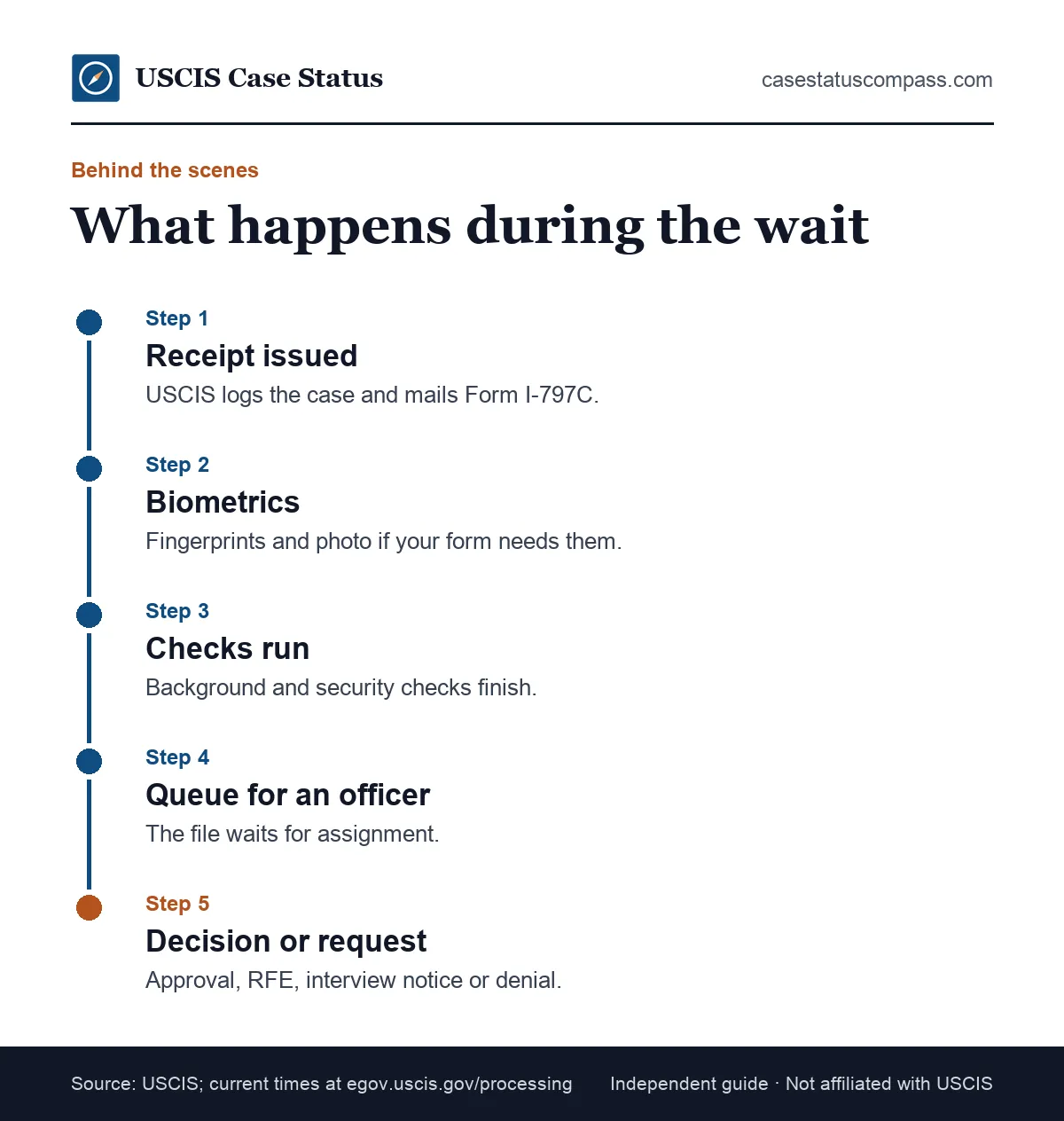 Timeline of what usually happens while a case is still being processed by USCIS, from the receipt notice to background checks and a decision