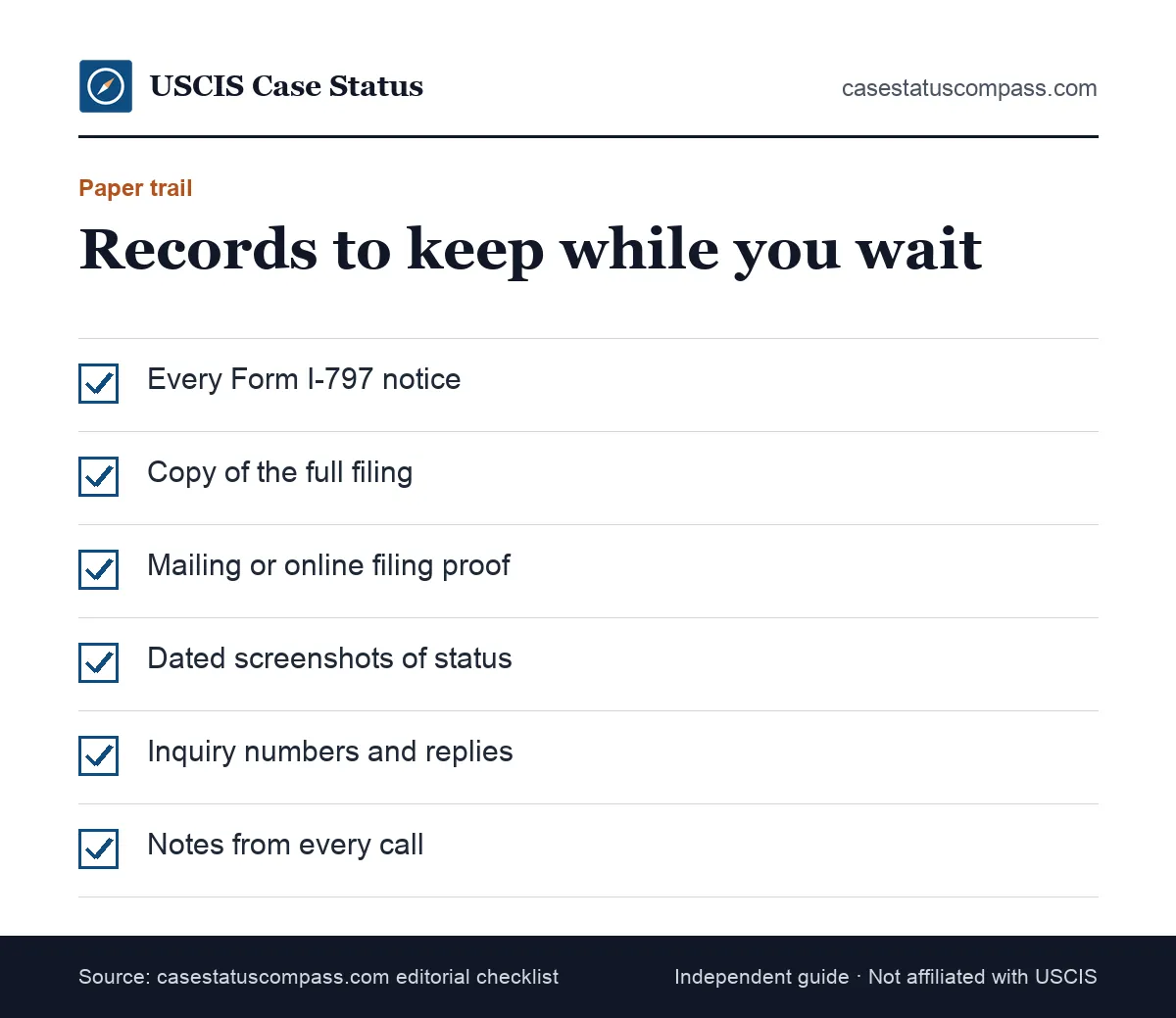 Checklist of records to keep while a USCIS case is still being processed, from receipt notices to a dated log of status checks
