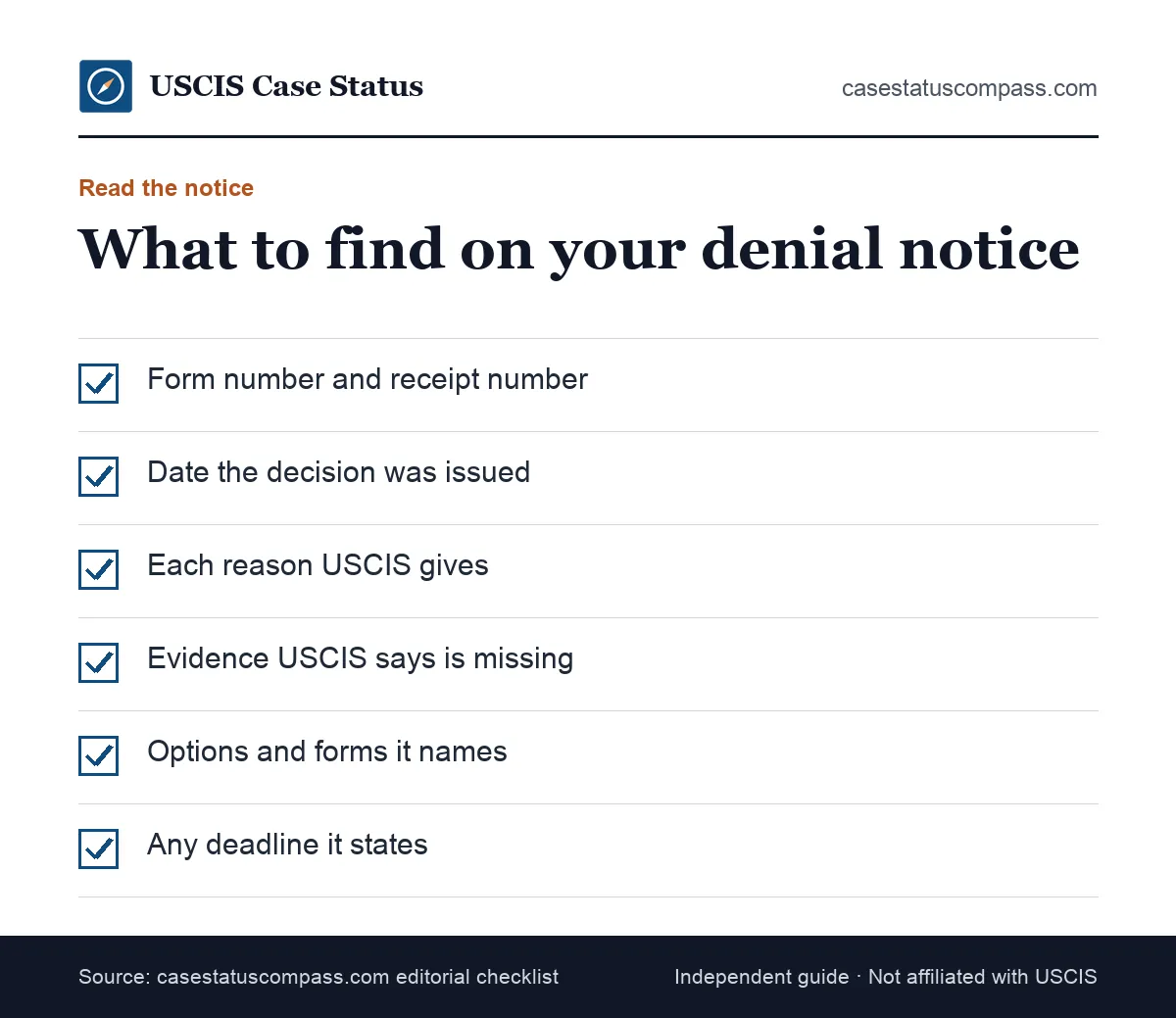 Checklist of what to find on a USCIS denial notice after your case was denied: form, receipt number, date, legal reasons and listed options