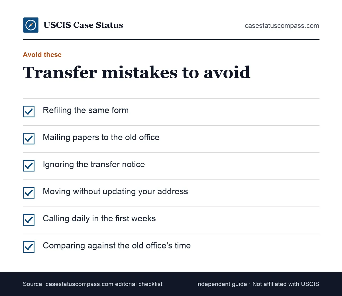 Checklist of mistakes to avoid when your USCIS case was transferred, including refiling, mailing papers to the old office and panic calls