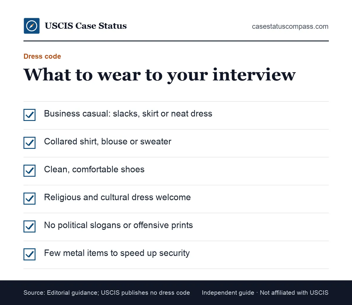 Citizenship interview dress code checklist: business casual clothes, clean shoes, minimal accessories and no clothing with political slogans