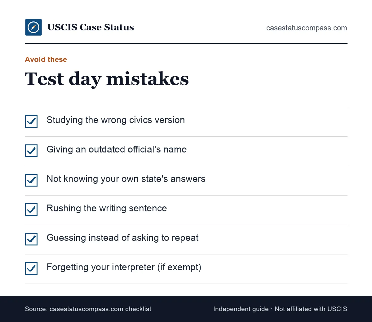 Common naturalization test day mistakes to avoid: outdated official names, wrong civics version, rushed writing and not asking the officer to repeat