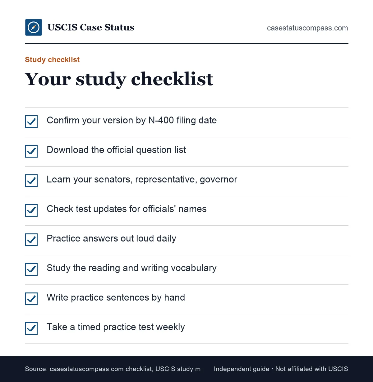Citizenship test study checklist: confirm your civics version, download the official 128 questions, learn local answers and practice reading and writing