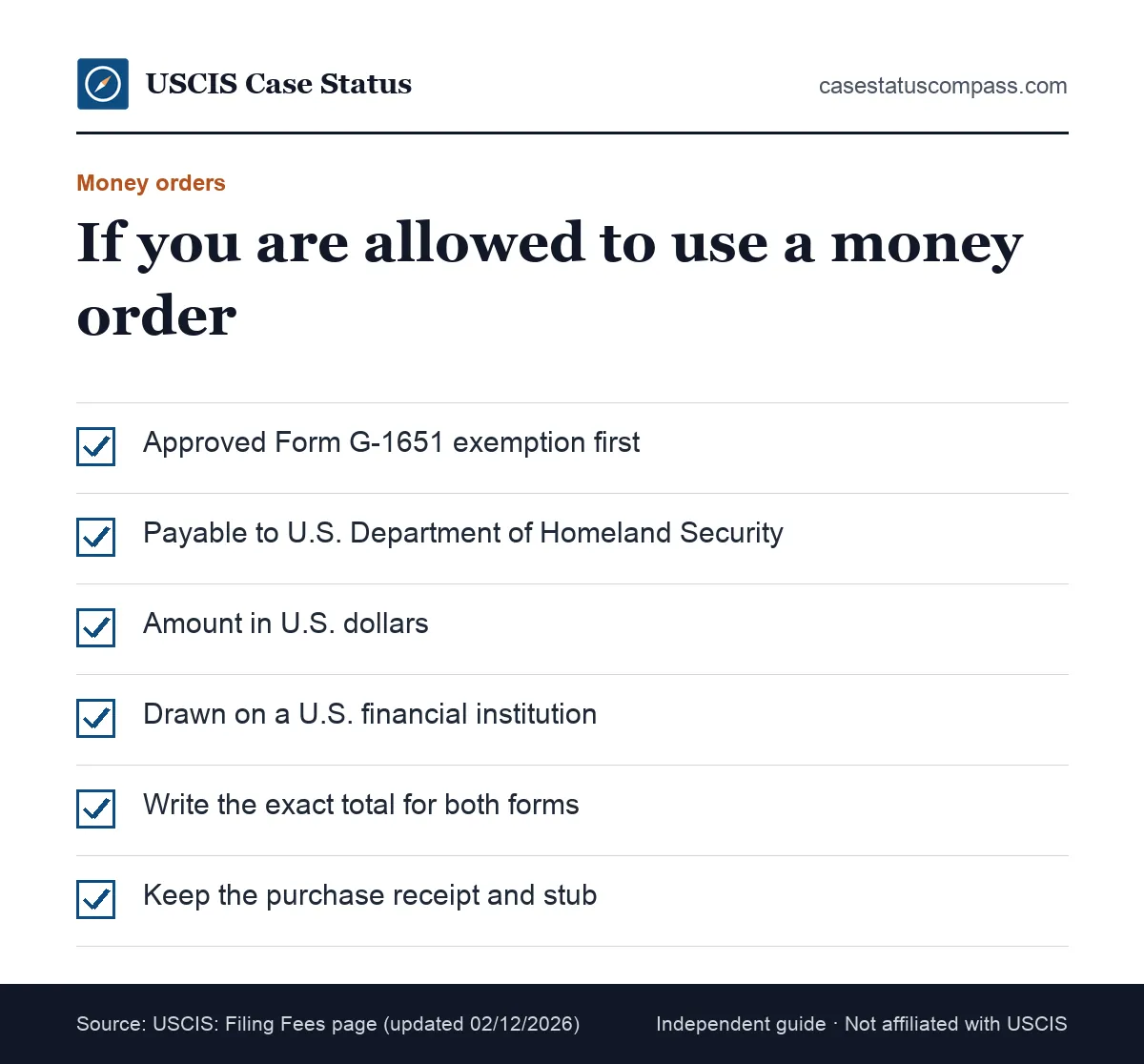 Checklist of DACA money order rules: only with an approved exemption, U.S. funds, a U.S. bank, payable to the U.S. Department of Homeland Security