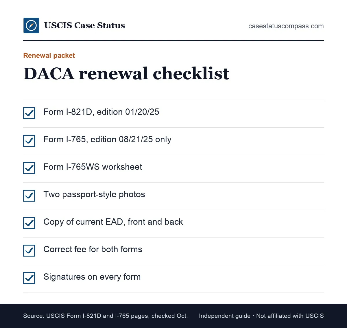 DACA renewal packet checklist covering Form I-821D, Form I-765 edition 08/21/25, Form I-765WS, photos, prior EAD copy, fee and signatures