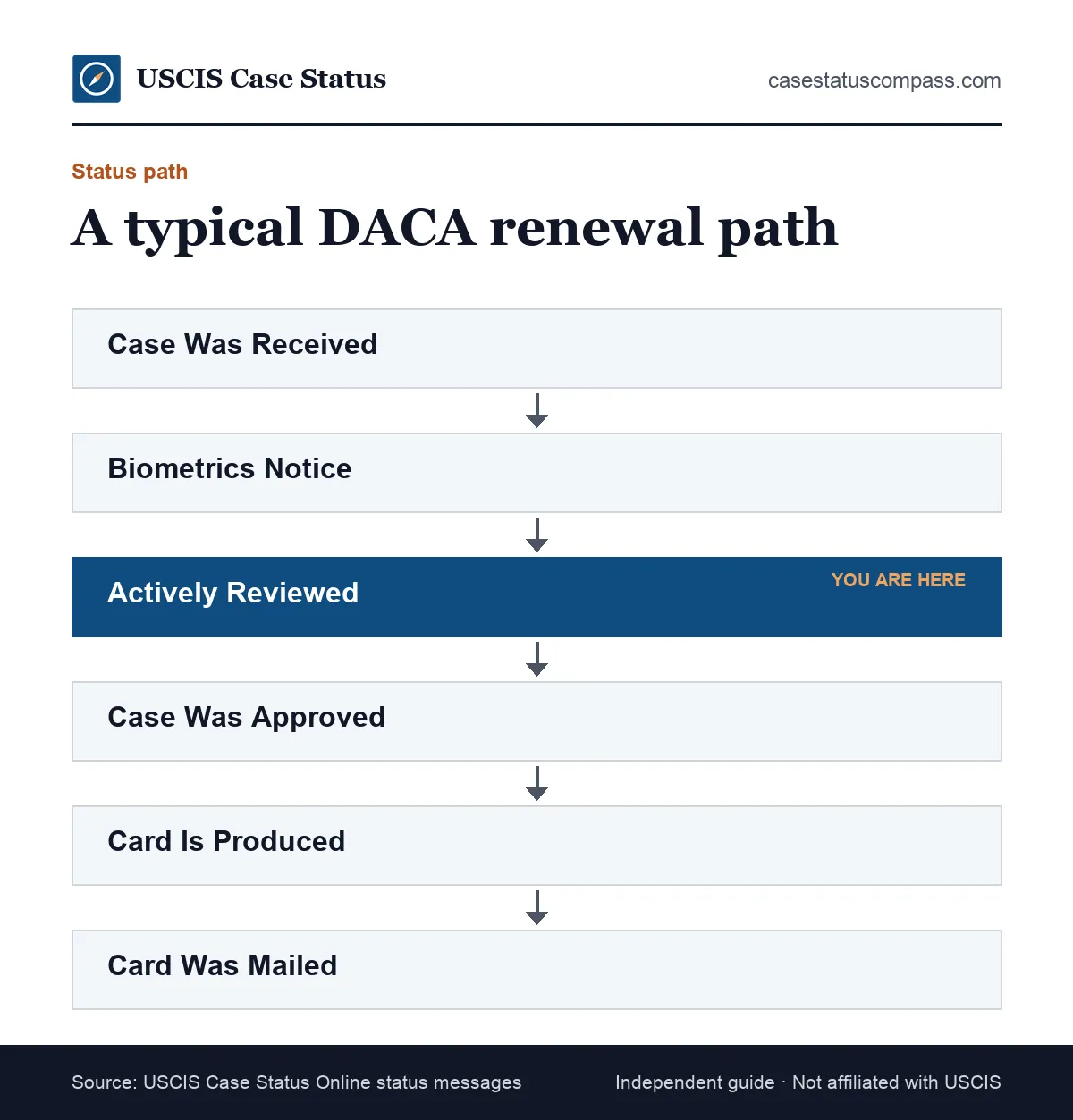 Flow of common DACA status updates from the receipt notice through biometrics, review and approval to the new EAD card being mailed to you