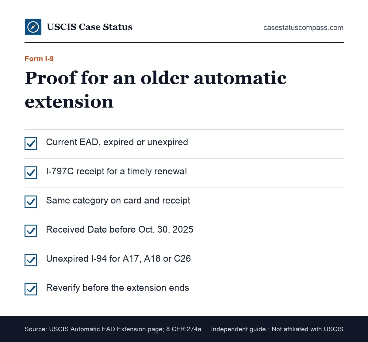 Checklist of Form I-9 proof for an EAD automatic extension granted before the cutoff: expired EAD, matching I-797C and an unexpired I-94 for spouses