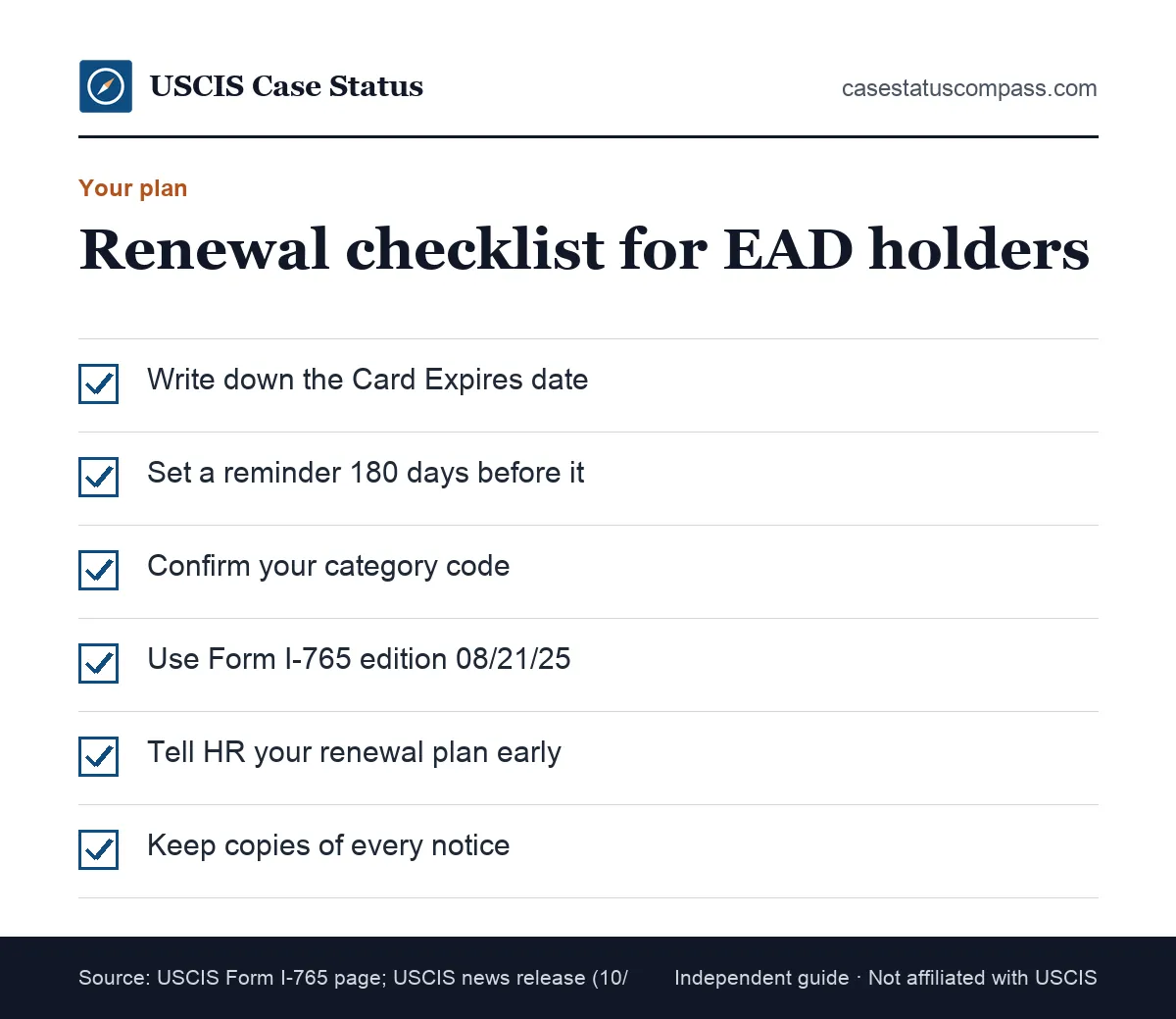 Worker checklist after the EAD automatic extension ended: note expiry, set a 180-day reminder, check the edition, tell HR and keep copies of every notice