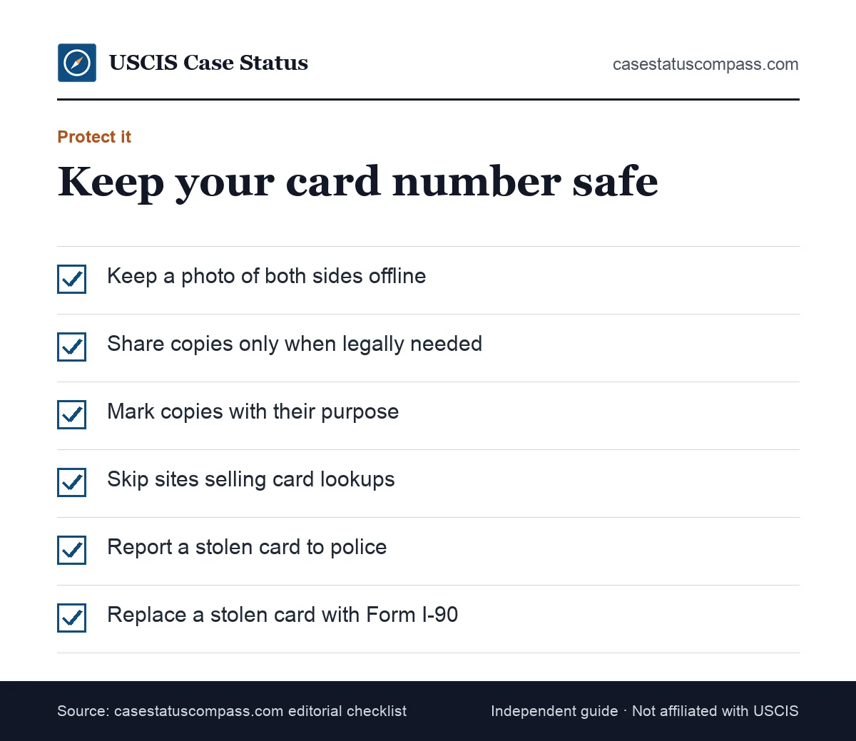 Safety checklist for protecting your green card number and card copies from fraud, fake lookup sites and identity theft