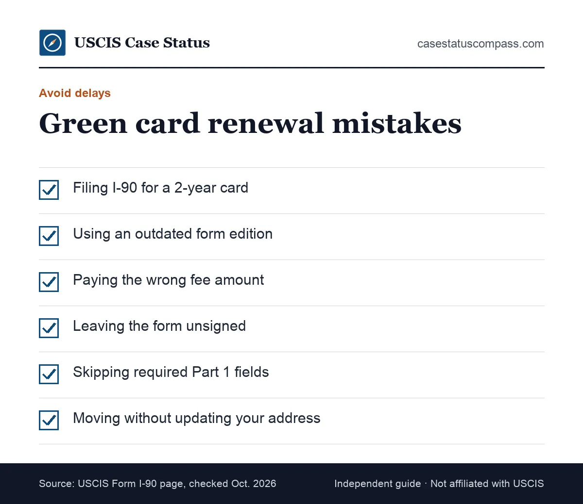 Checklist of common green card renewal mistakes that cause I-90 rejections or delays, such as old form editions, wrong fees and missing signatures