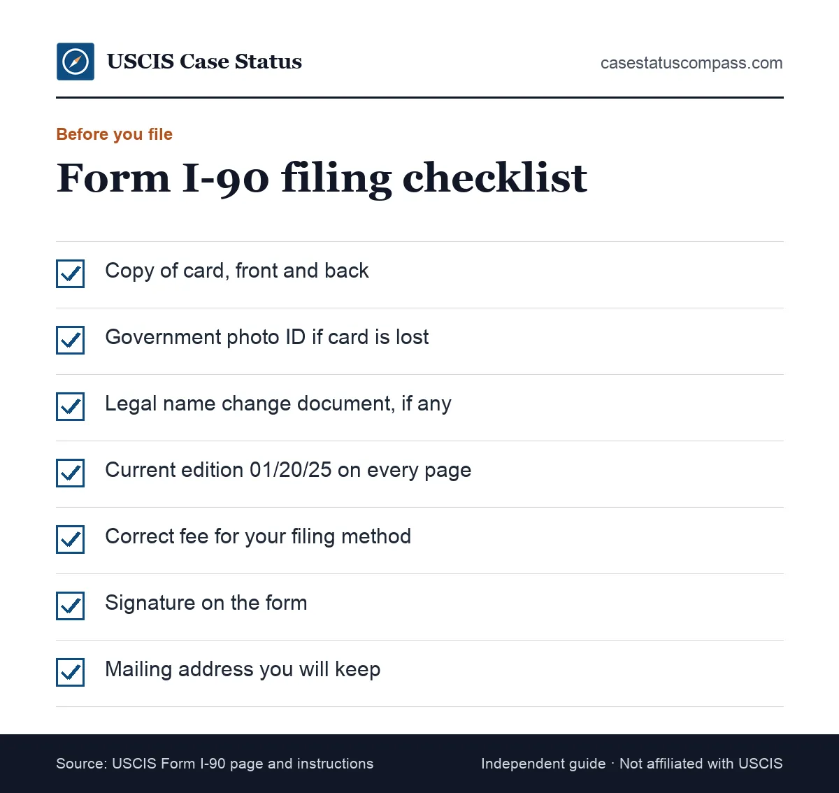 Green card renewal filing checklist with the documents and checks to complete before you submit Form I-90 to USCIS online or by mail