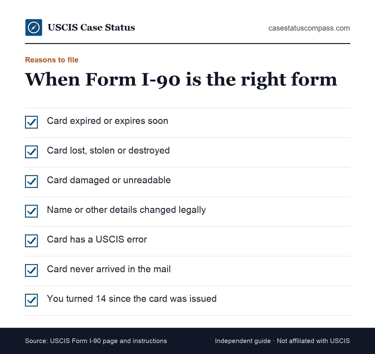 Checklist of common reasons to file Form I-90 for green card renewal or replacement, such as an expiring, lost, stolen or damaged card