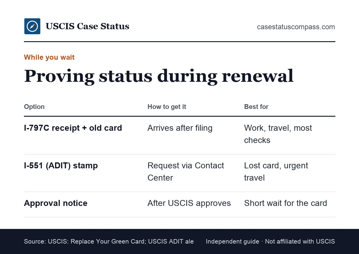 Ways to prove permanent resident status while a green card renewal is pending, comparing the I-90 receipt notice and the ADIT I-551 stamp