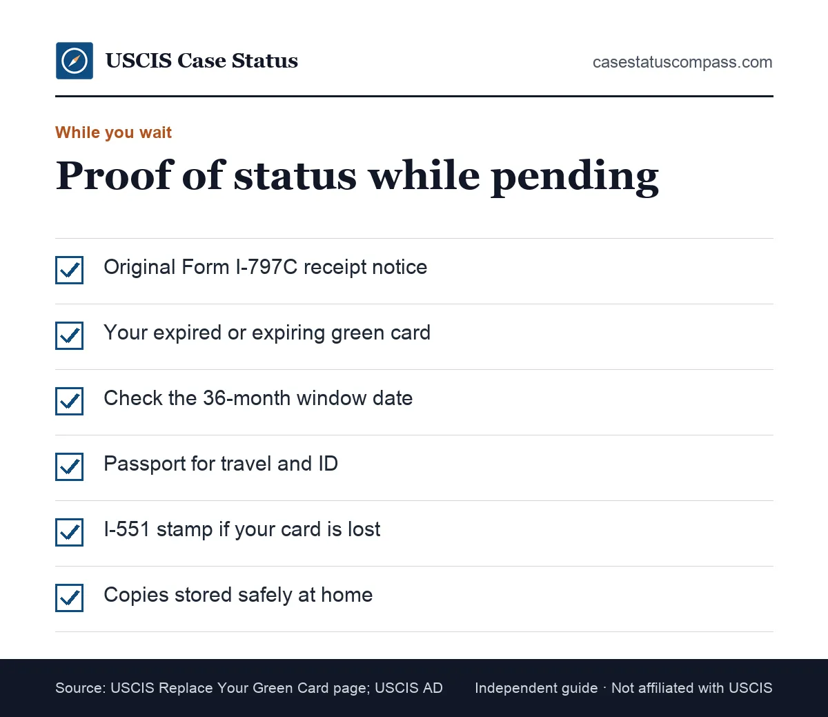 Checklist of documents that prove your status while a green card renewal is pending, including the I-797C receipt notice and the expired card