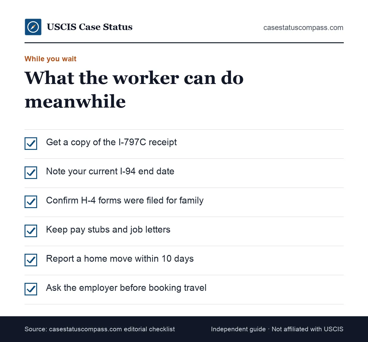 Checklist for H-1B workers during the H-1B approval time, from saving receipt notices to tracking I-94 dates and H-4 family filings