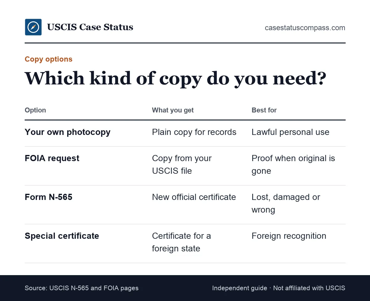 Comparison of how to get naturalization certificate copies: a personal photocopy, a FOIA record copy, an N-565 replacement or a special certificate