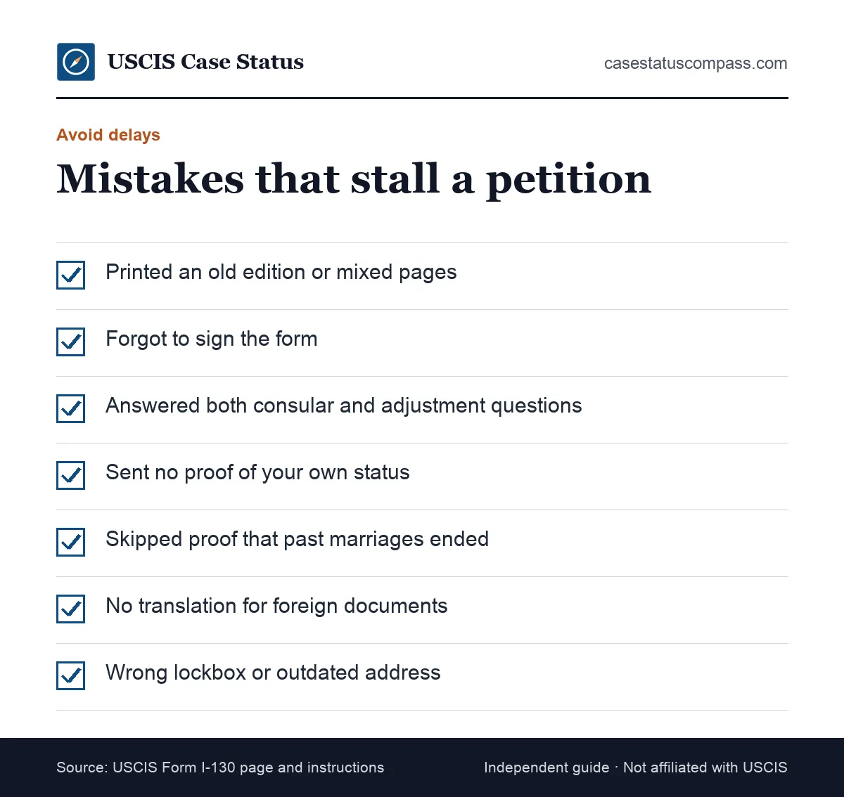 Checklist of common I-130 mistakes that cause rejection or delay, such as an old edition, a missing signature, no translations or both Part 4 boxes