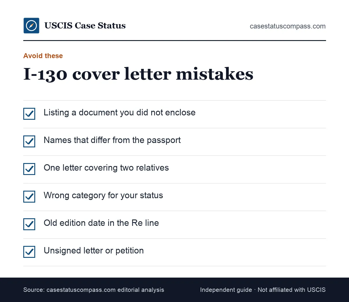 Checklist of mistakes to avoid in a form I-130 cover letter, including listing missing documents, wrong names and one letter for several petitions