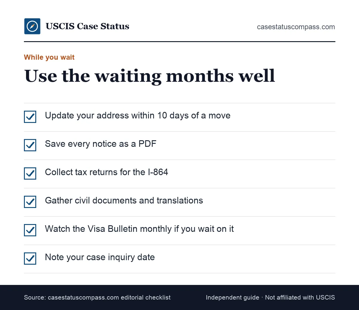 Checklist of what a petitioner can do while the I-130 wait time runs, from address updates to gathering Form I-864 financial documents