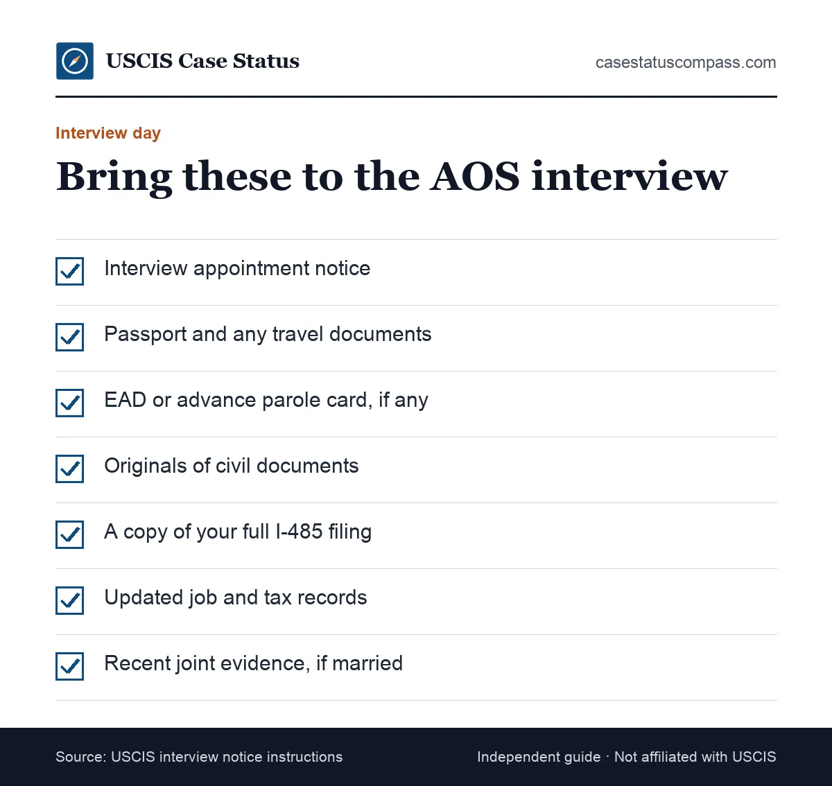 Checklist of what to bring to an AOS interview for Form I-485, including the appointment notice, passport, original documents and copies of the full filing