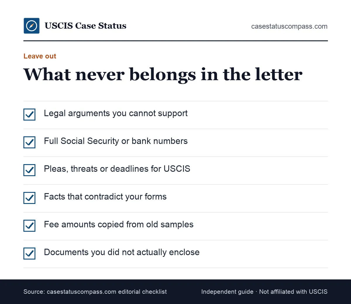 Checklist of things to leave out of an I-485 cover letter, such as legal arguments, full Social Security numbers and emotional appeals