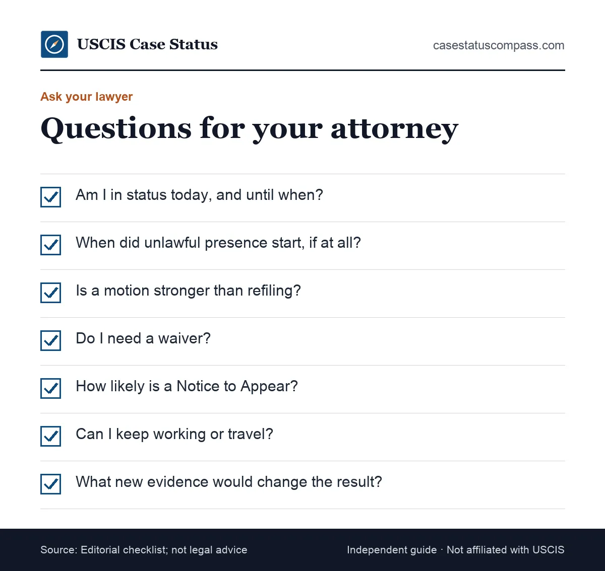 Checklist of questions to ask an immigration attorney after an I-485 denial, covering status, deadlines, waivers, court risk and refiling