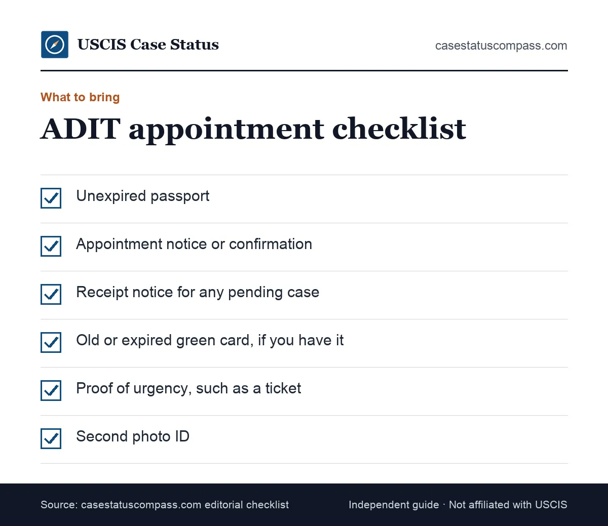 Checklist of documents to bring to an I-551 stamp appointment at a USCIS field office, including passport, appointment notice and receipt notices