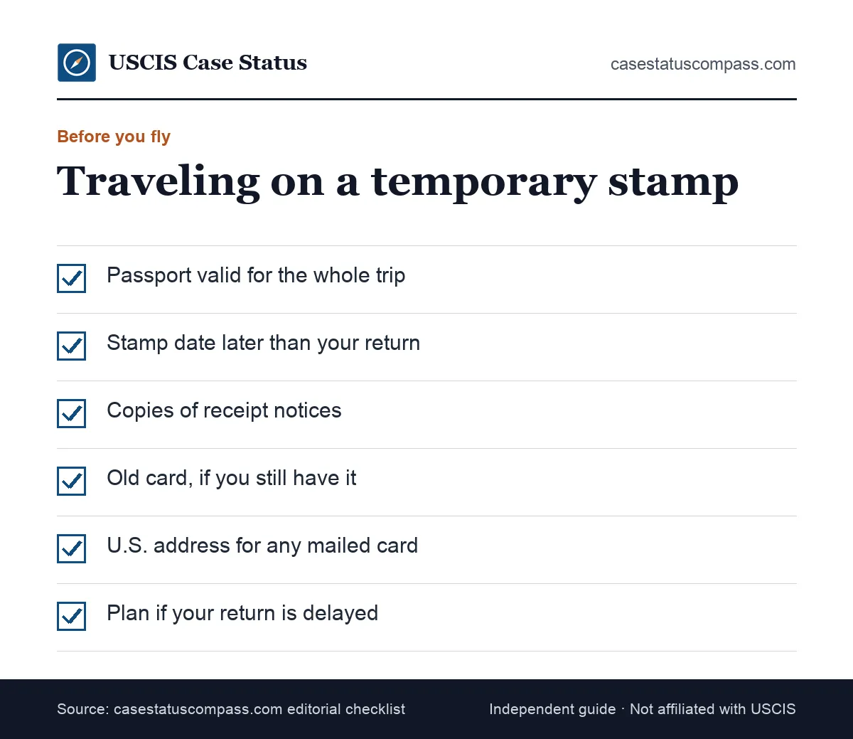 Checklist before international travel with an I-551 stamp: valid passport, stamp date, receipt notices and a plan if the stamp expires abroad