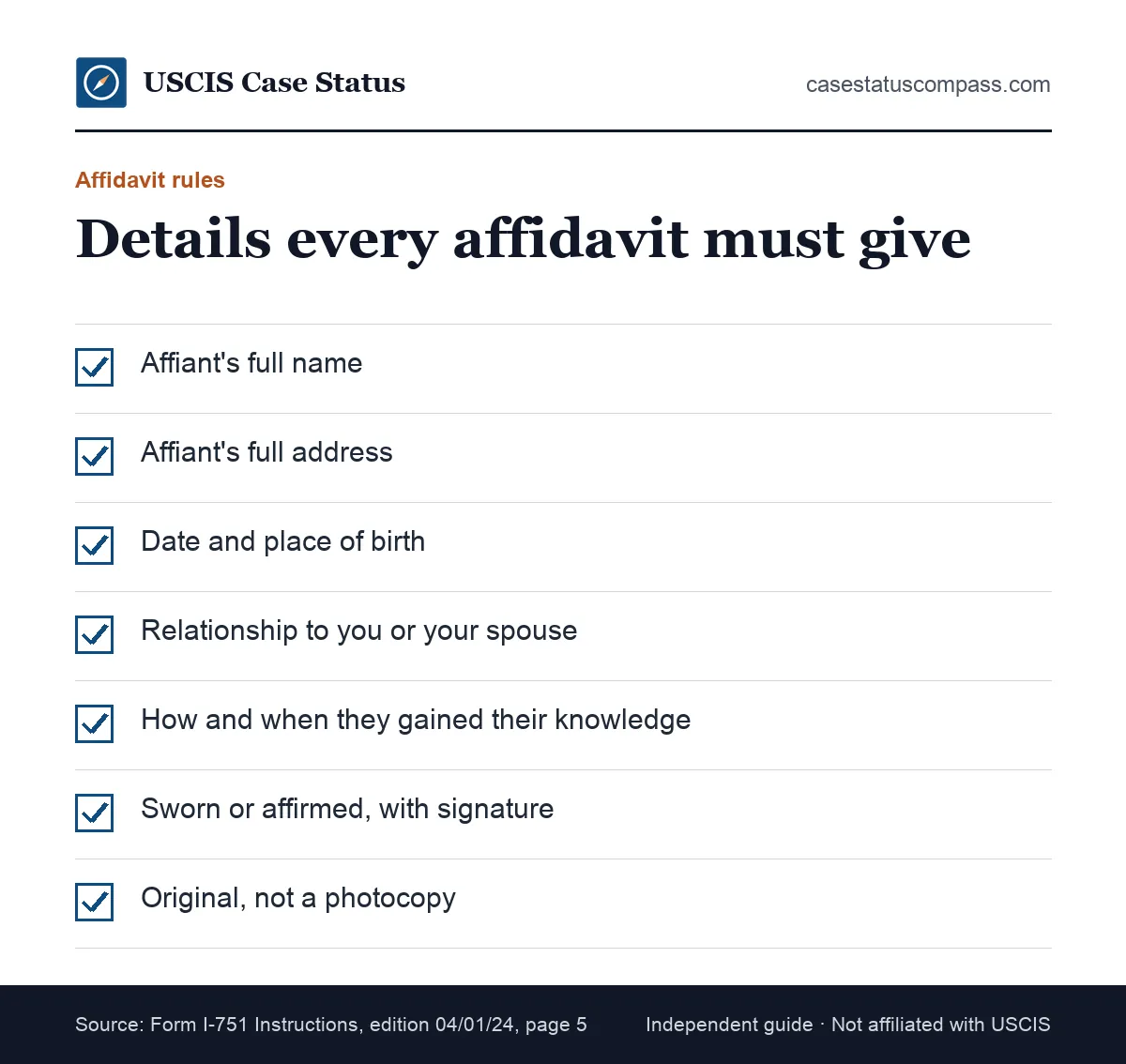 Checklist of details each I-751 affidavit must include under the instructions: full name, address, birth date and place, relationship and how they know
