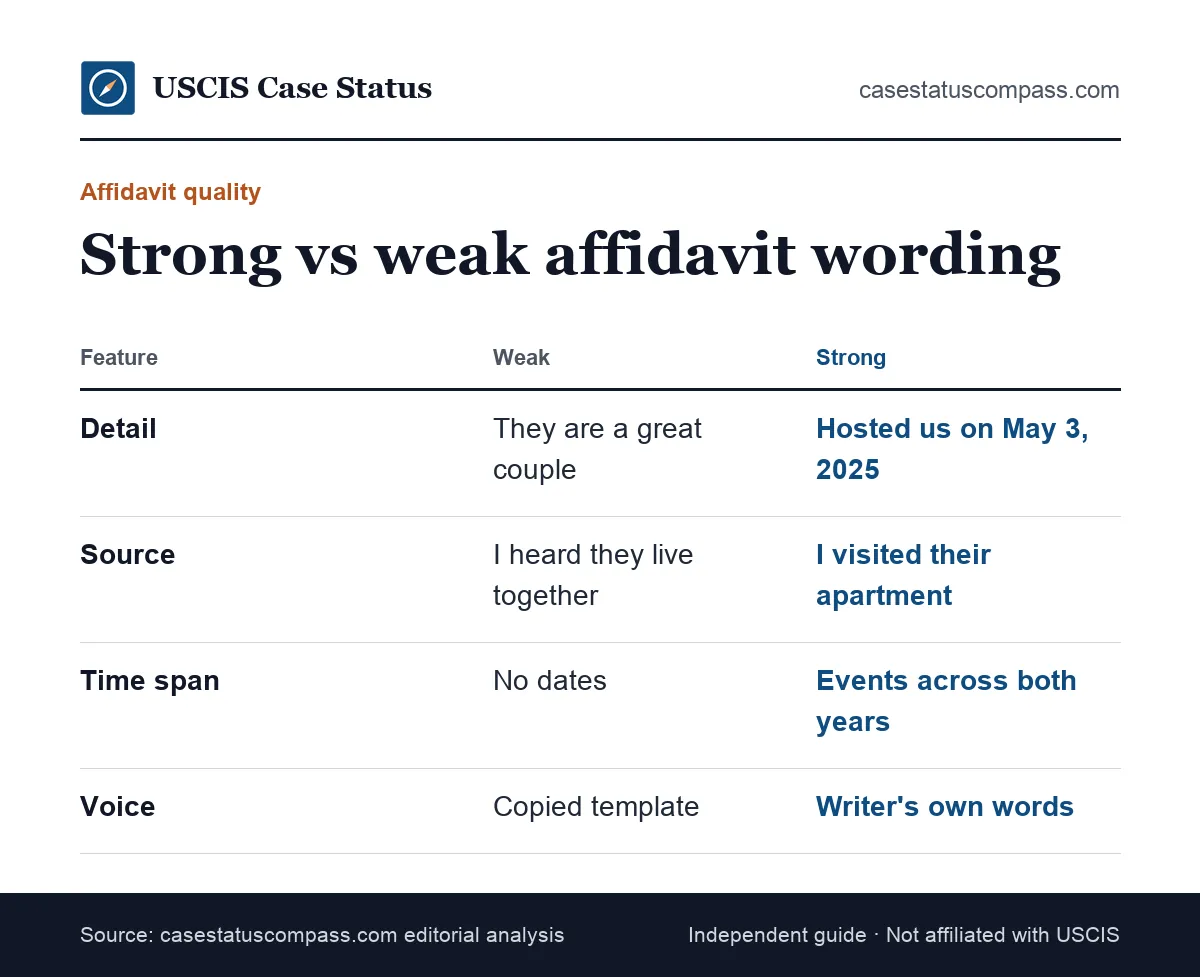 Comparison of a strong and a weak I-751 affidavit example, showing specific dates, first-hand events and honest wording versus vague praise