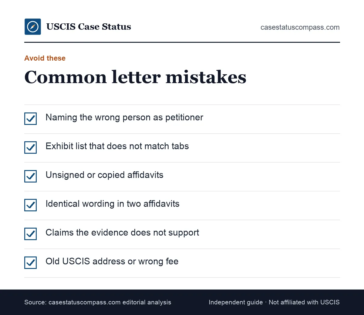 Checklist of common I-751 cover letter and affidavit mistakes, such as wrong petitioner name, unsigned affidavits and exhibits that do not match