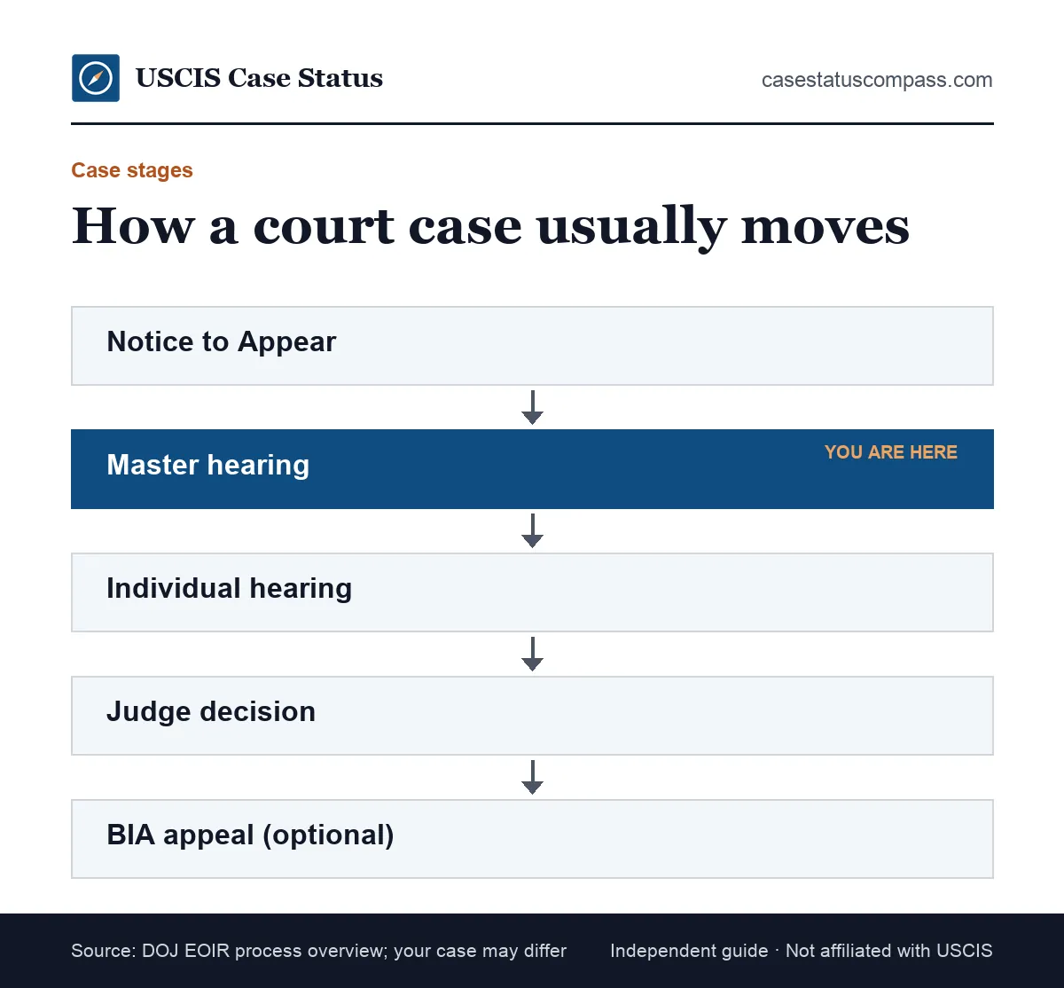 Flow of the stages an immigration court case status moves through, from Notice to Appear to master and individual hearings, the decision and a BIA appeal