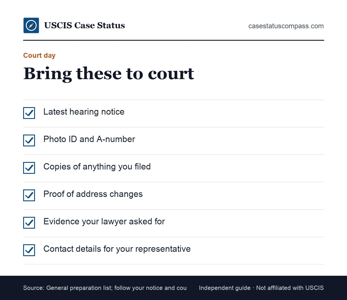 Checklist for an immigration court date: hearing notice, ID, A-number, filings, evidence, interpreter needs and attorney contact