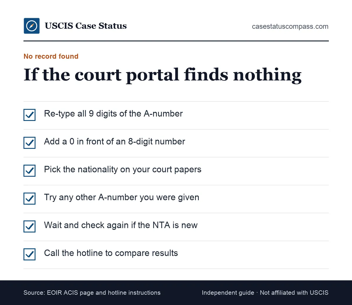 Checklist to fix an EOIR case status number that shows no record: check digits, leading zero, nationality, other A-numbers and timing