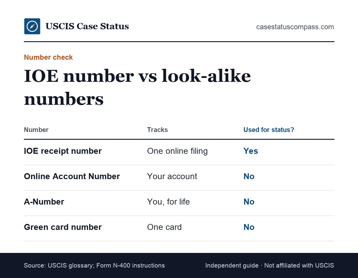 Comparison of the IOE receipt number with the Online Account Number, the A-Number and the number printed on a green card, showing what each identifies