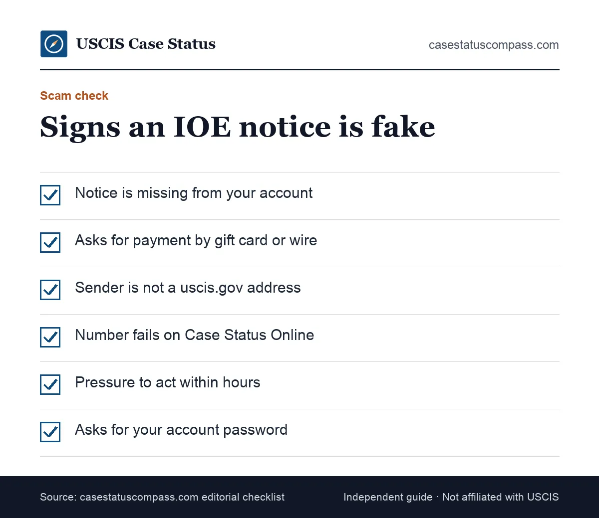 Warning signs of a fake IOE receipt notice or IOE case status scam, such as payment demands, odd email addresses and pressure to act fast