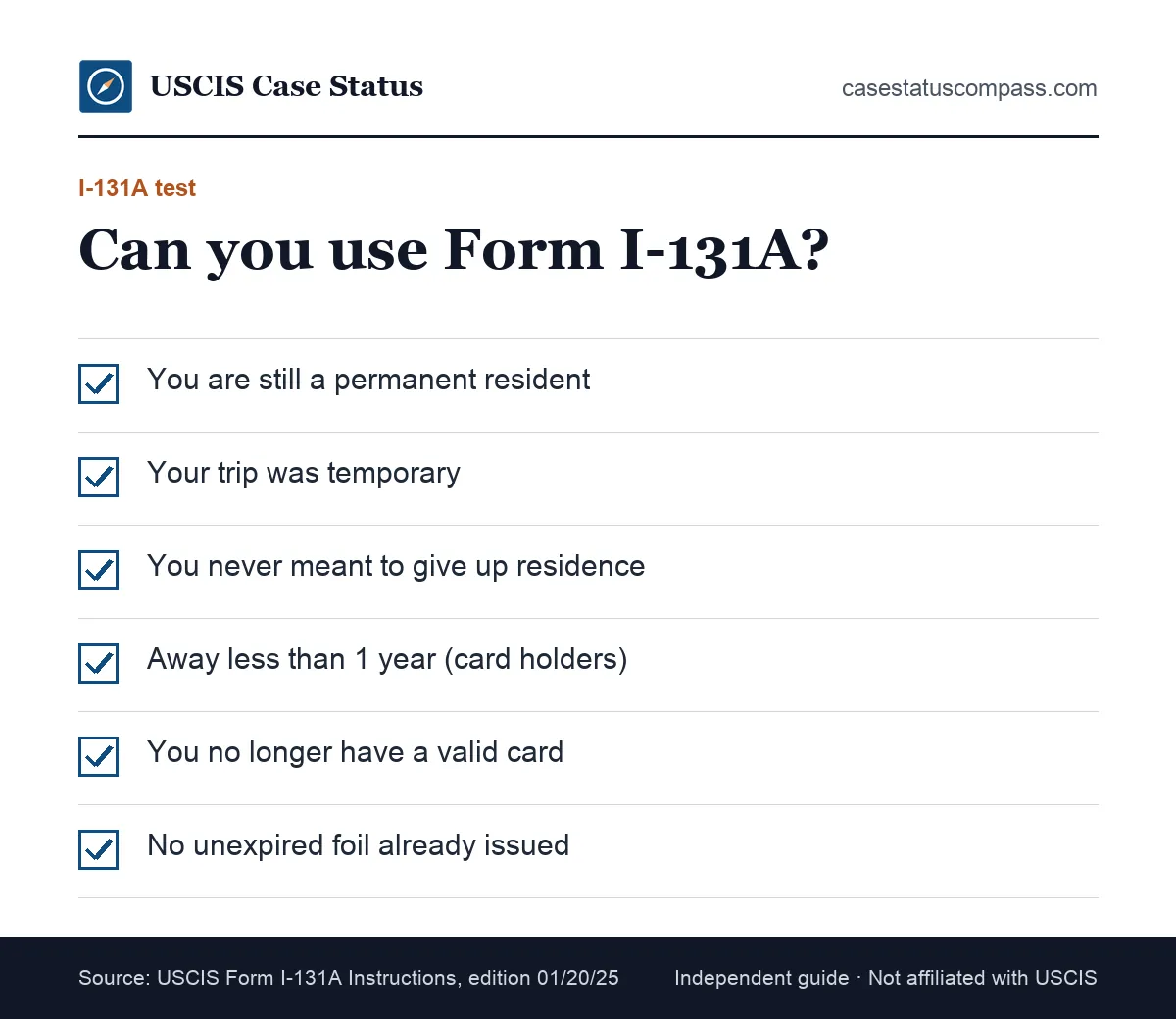 Checklist of Form I-131A eligibility for a green card holder whose card was lost or stolen during a temporary trip abroad